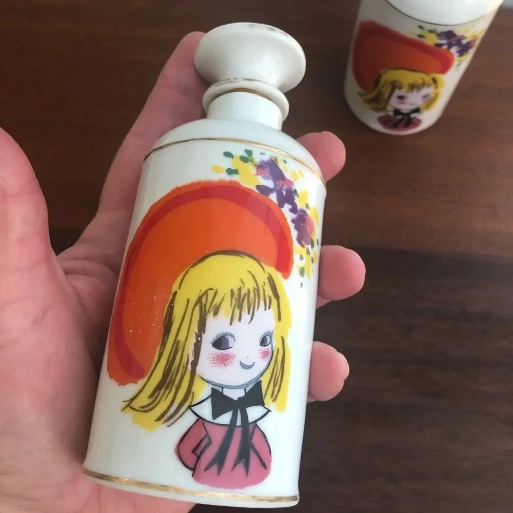 Vintage Porcelain Dresser Bottles Two Pair Schoolgirl Design Japan 1970s